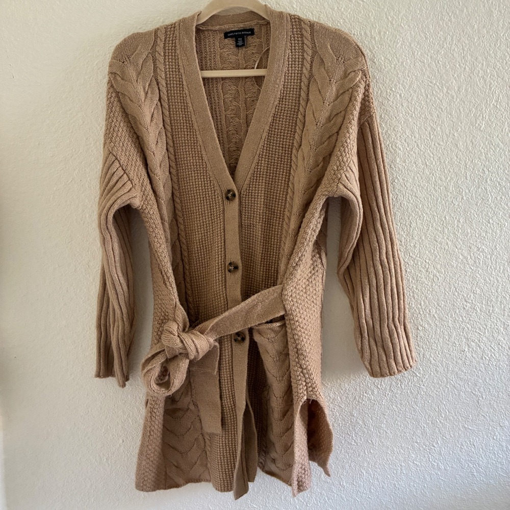 Vintage Saks Fifth Avenue Cable Knit Cardigan Womens Size L Camel Tie Belt Chic